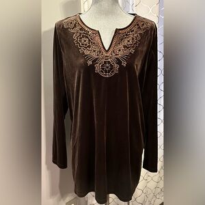 Susan Graver Brown Velvet Top with Embroidery & Sequins Shirt Size XL